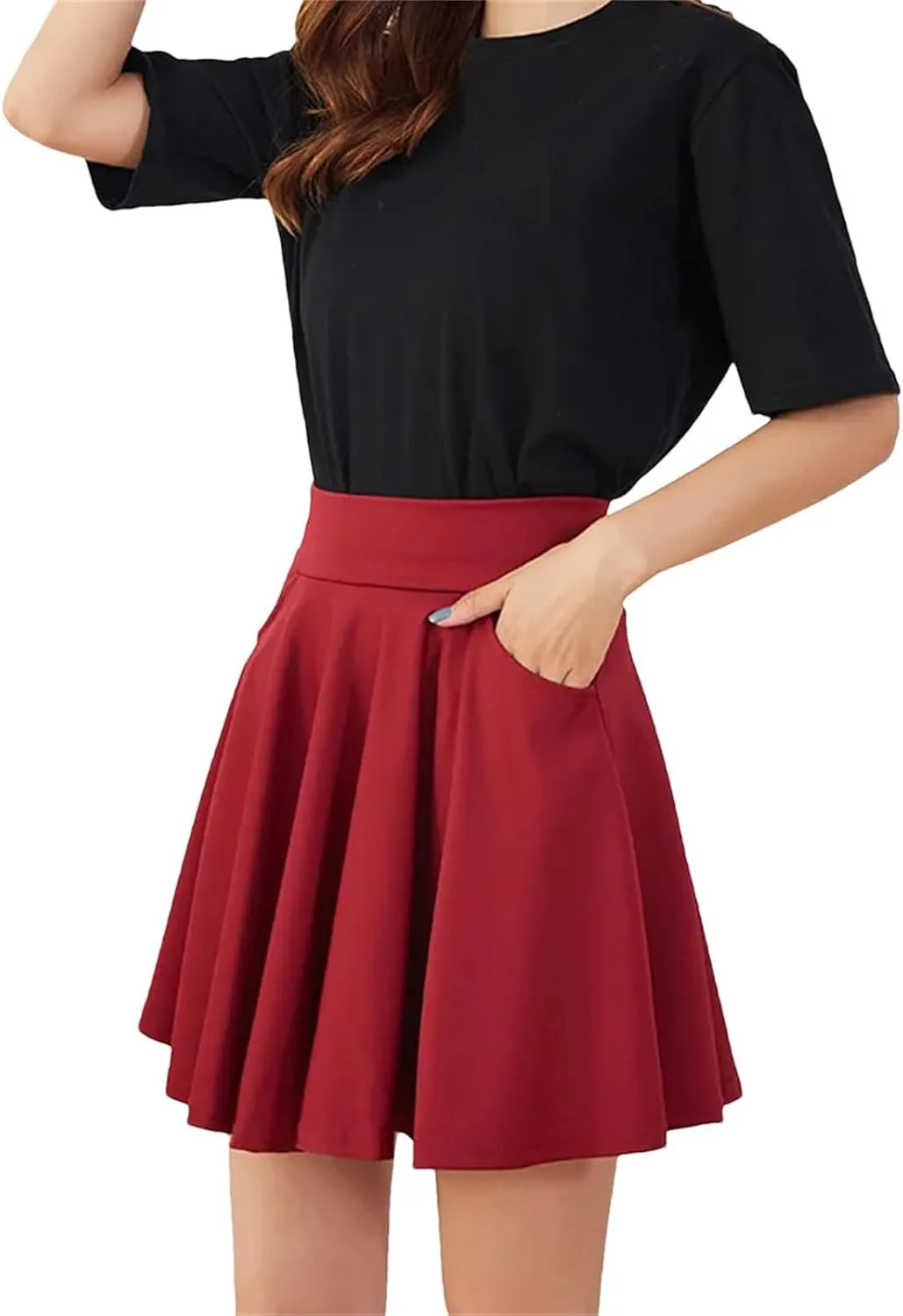 Women's Basic Skirts Flared Casual Mini Skater Medium Pleated Shorts Skirt for Women Pocket