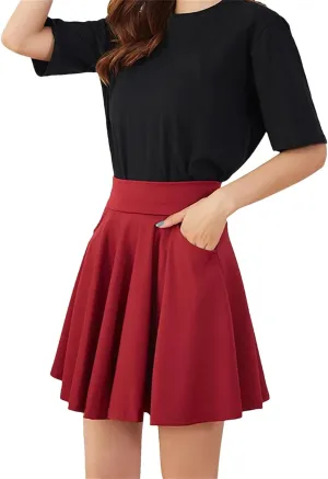 Women's Basic Skirts Flared Casual Mini Skater Medium Pleated Shorts Skirt for Women Pocket
