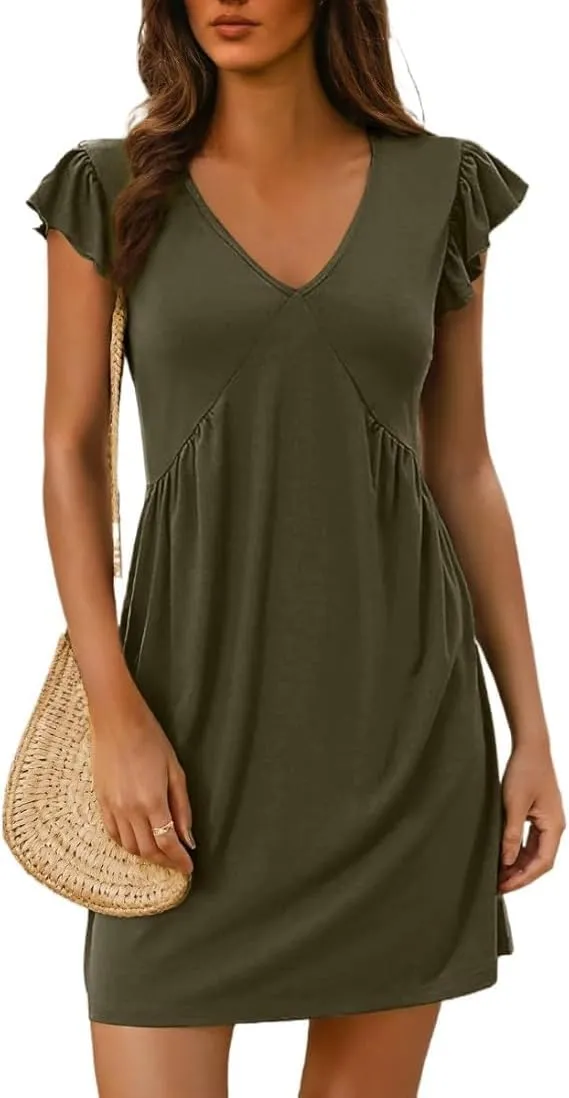 Women's Beach Leisure Deep V-Neck Pleated Ruffle Sleeve Dress Casual A-Line Mini Dresses Crew Neck Shift Sundress