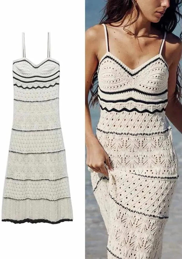 Women's Beach Style Hollow Slim Sling Sweater Long Dress Sleeveless Spaghetti Strap Sexy Dresses