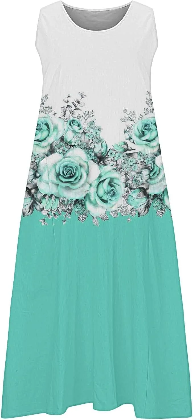 Women's Bohemian Summer Maxi Dress Sleeveless Floral Graphic Sundress 2025 Casual Flowy Dresses with Pockets
