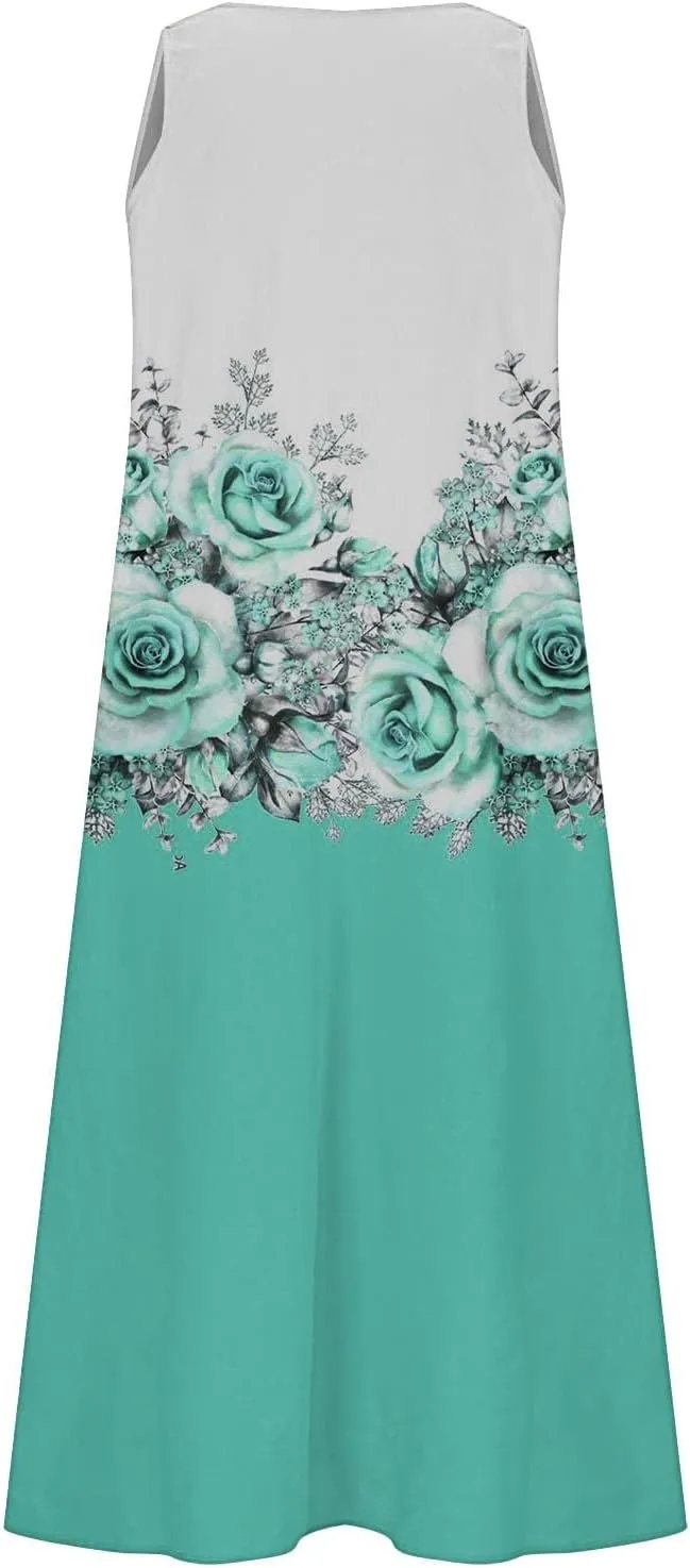 Women's Bohemian Summer Maxi Dress Sleeveless Floral Graphic Sundress 2025 Casual Flowy Dresses with Pockets