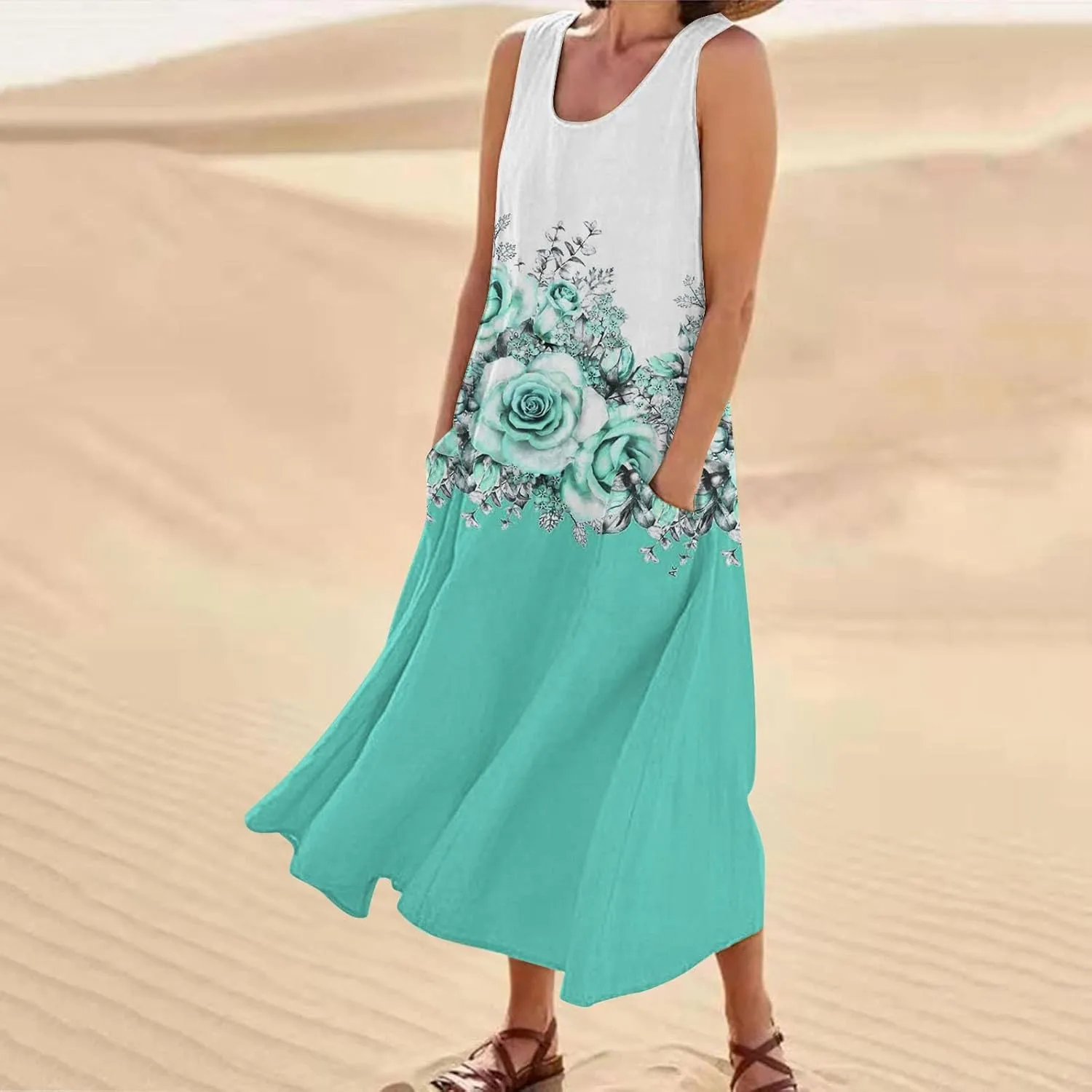 Women's Bohemian Summer Maxi Dress Sleeveless Floral Graphic Sundress 2025 Casual Flowy Dresses with Pockets