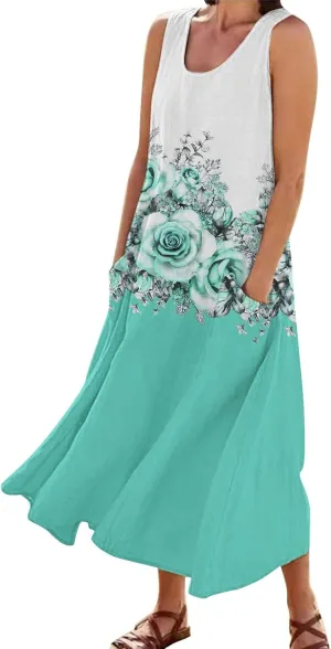 Women's Bohemian Summer Maxi Dress Sleeveless Floral Graphic Sundress 2025 Casual Flowy Dresses with Pockets