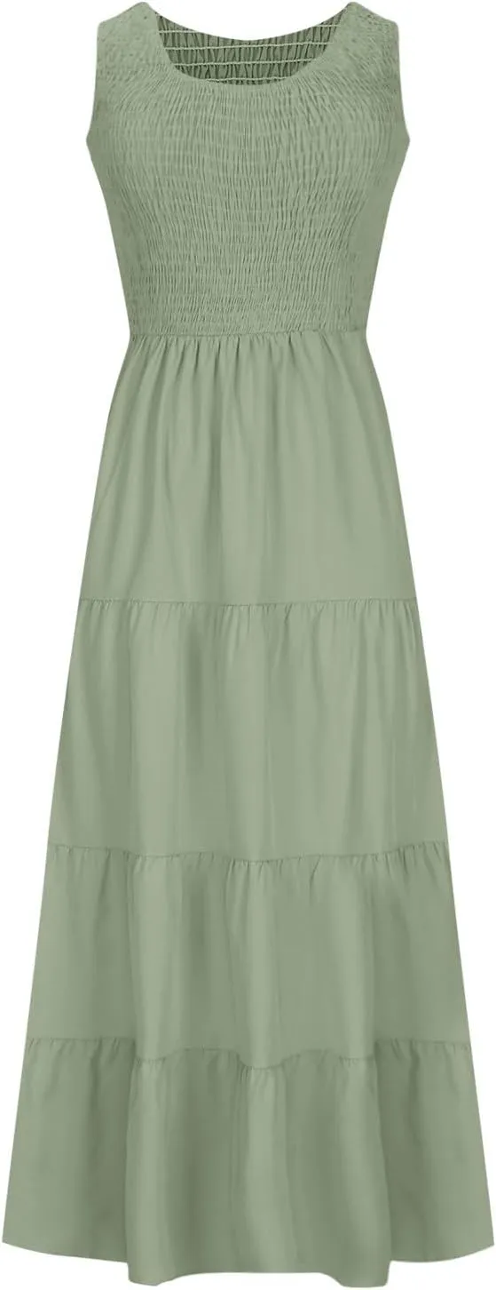Womens Boho Dress Sleeveless U Neck Ruffle Hem A Line Dress Flowy Sleeveless Smocked Tiered Layered Maxi Dresses