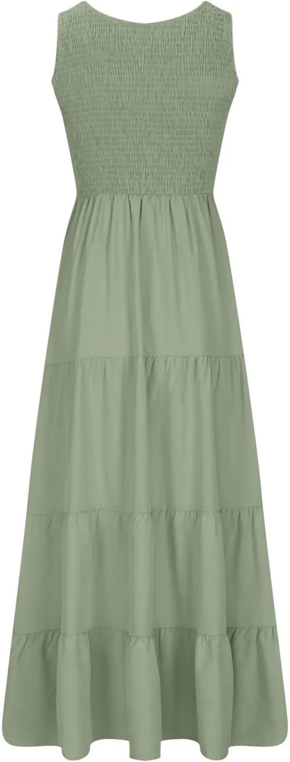 Womens Boho Dress Sleeveless U Neck Ruffle Hem A Line Dress Flowy Sleeveless Smocked Tiered Layered Maxi Dresses