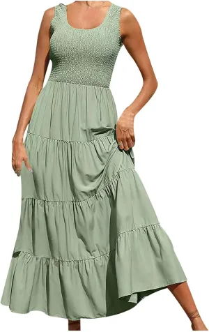Womens Boho Dress Sleeveless U Neck Ruffle Hem A Line Dress Flowy Sleeveless Smocked Tiered Layered Maxi Dresses