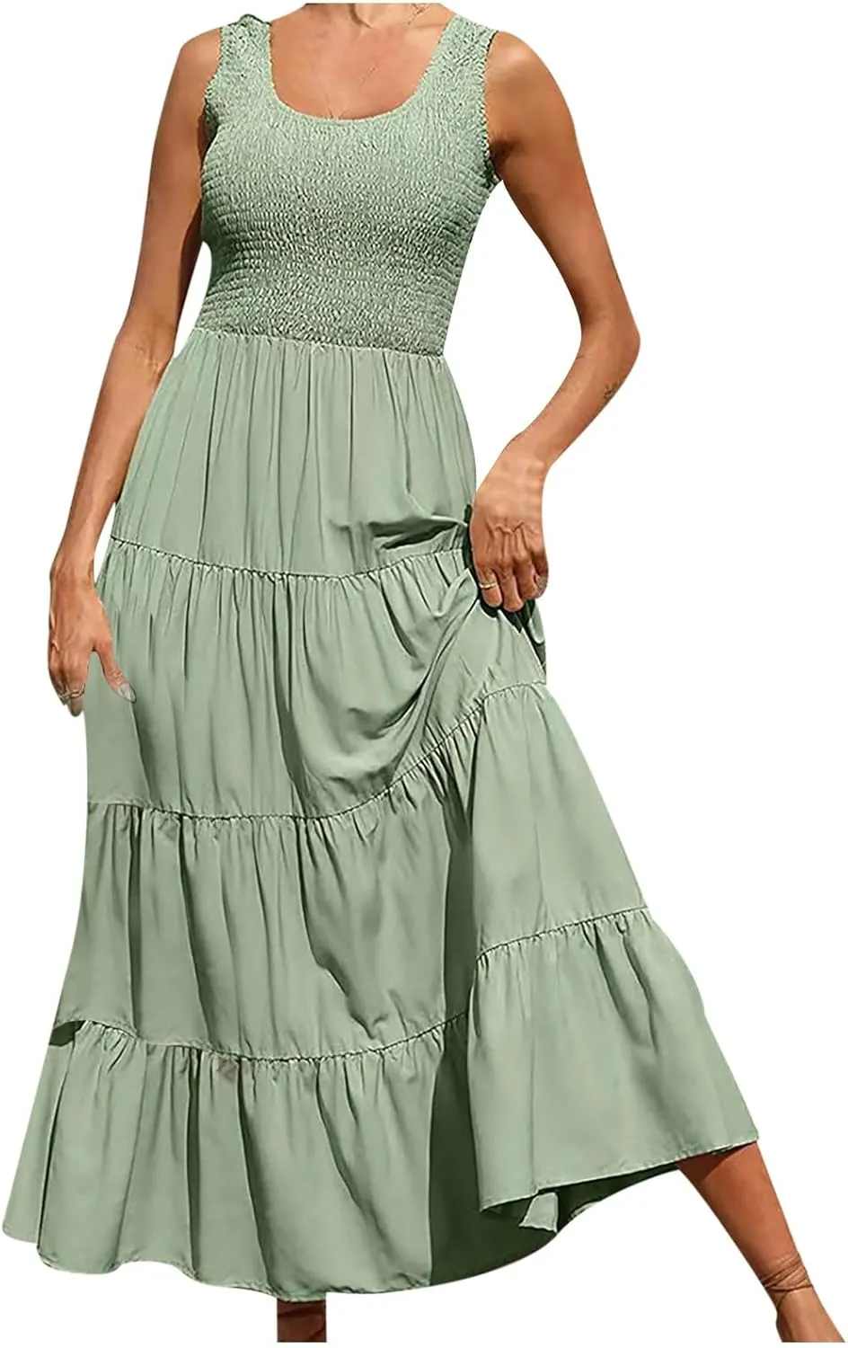 Womens Boho Dress Sleeveless U Neck Ruffle Hem A Line Dress Flowy Sleeveless Smocked Tiered Layered Maxi Dresses