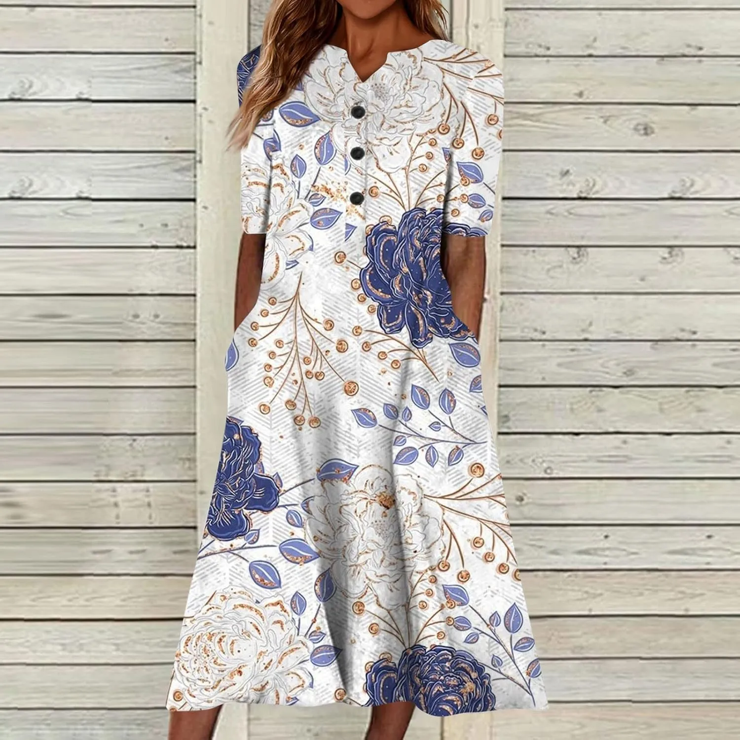 Women's Boho Floral Flowy A Line Midi Dress Casual Loose Summer Short Sleeve Beach Vacation Dresses with Pockets
