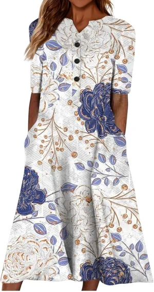 Women's Boho Floral Flowy A Line Midi Dress Casual Loose Summer Short Sleeve Beach Vacation Dresses with Pockets
