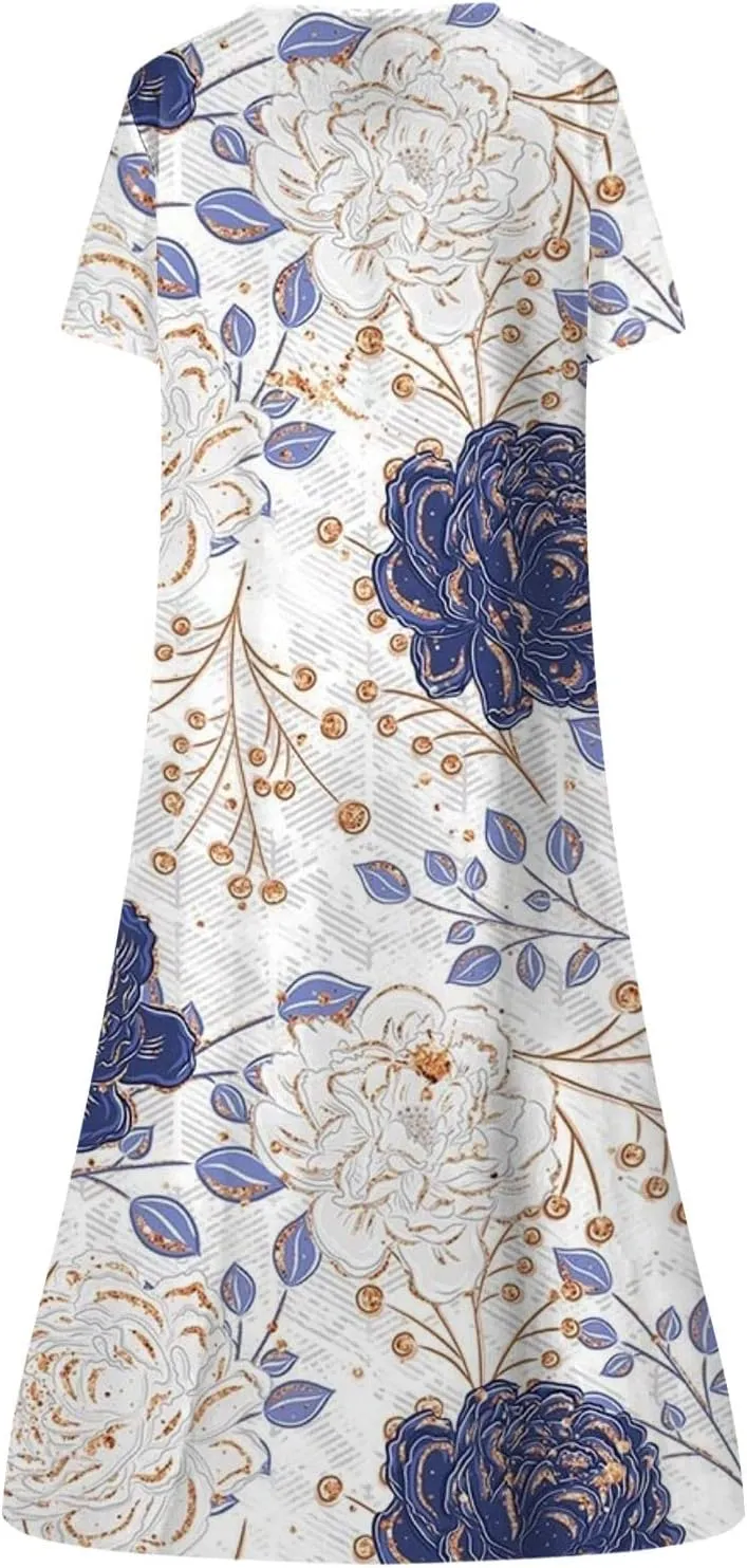 Women's Boho Floral Flowy A Line Midi Dress Casual Loose Summer Short Sleeve Beach Vacation Dresses with Pockets