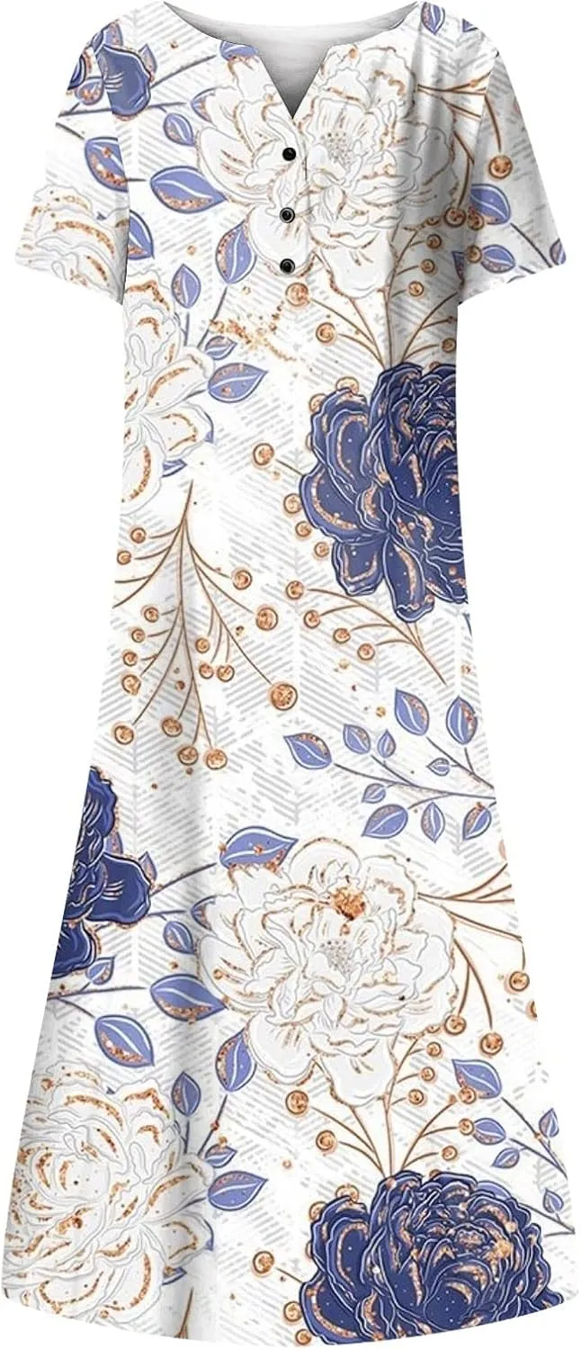 Women's Boho Floral Flowy A Line Midi Dress Casual Loose Summer Short Sleeve Beach Vacation Dresses with Pockets