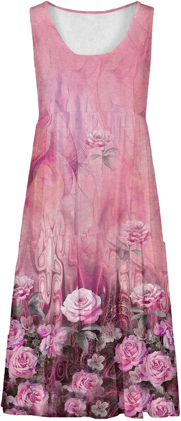 Women's Boho Flowy Short Sleeve Beach Dress Casual Sundresses Sexy Sleeveless Dress Flowy Midi Vacation Swim Cover
