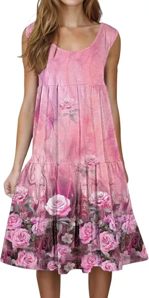 Women's Boho Flowy Short Sleeve Beach Dress Casual Sundresses Sexy Sleeveless Dress Flowy Midi Vacation Swim Cover