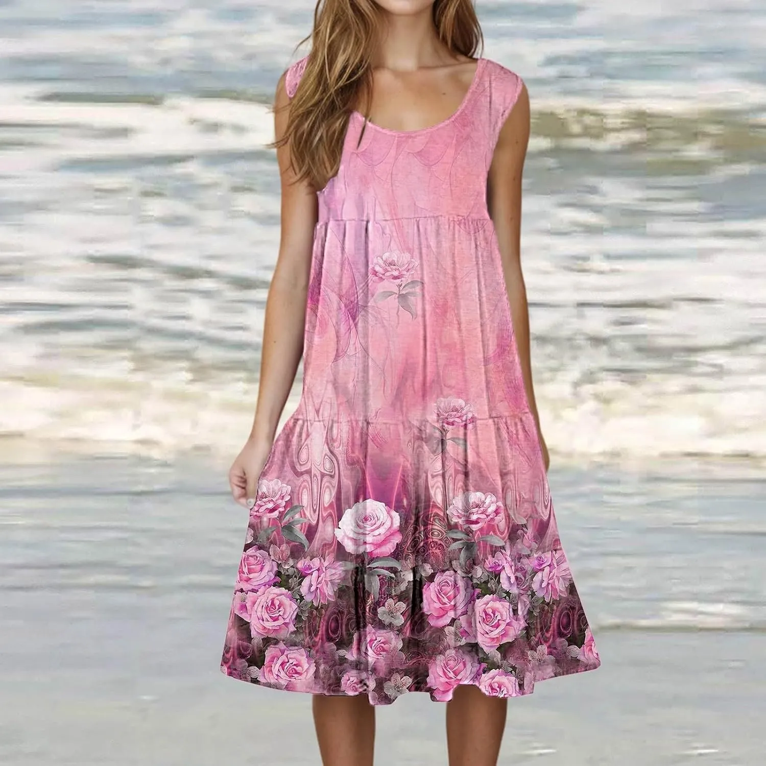 Women's Boho Flowy Short Sleeve Beach Dress Casual Sundresses Sexy Sleeveless Dress Flowy Midi Vacation Swim Cover