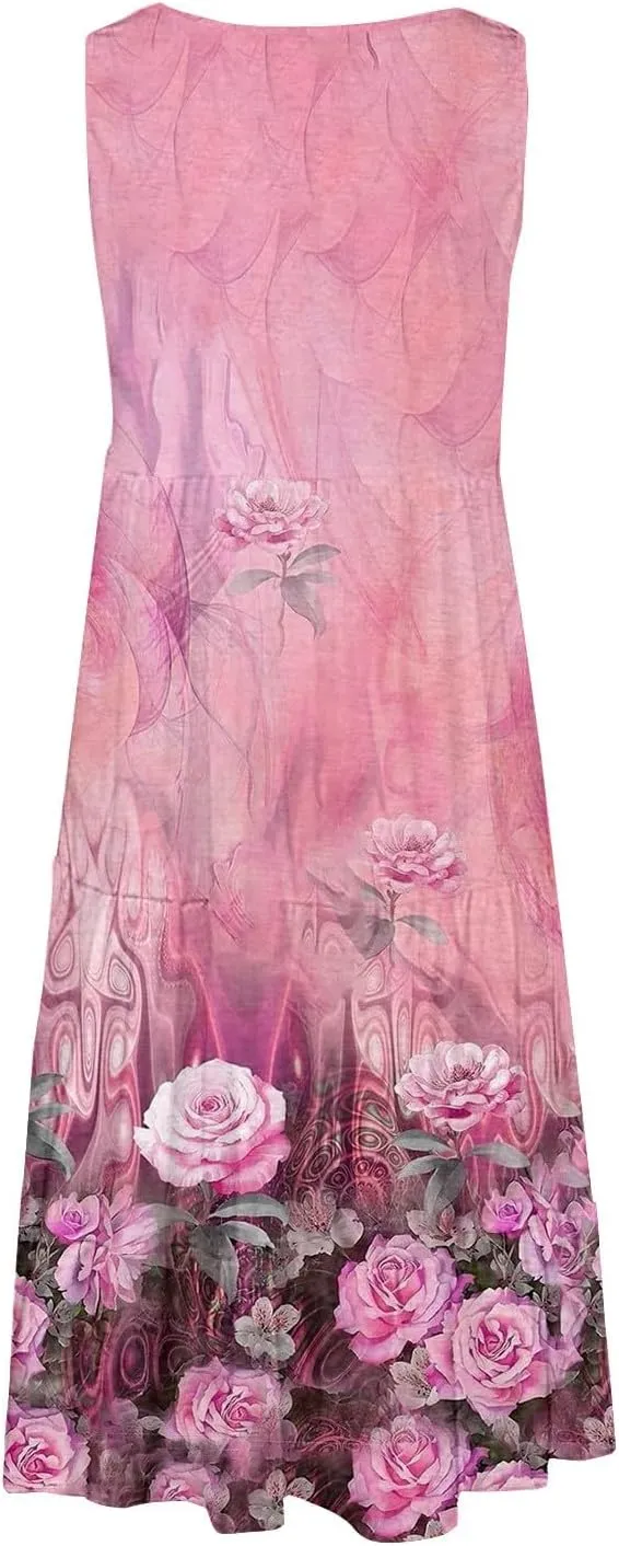Women's Boho Flowy Short Sleeve Beach Dress Casual Sundresses Sexy Sleeveless Dress Flowy Midi Vacation Swim Cover