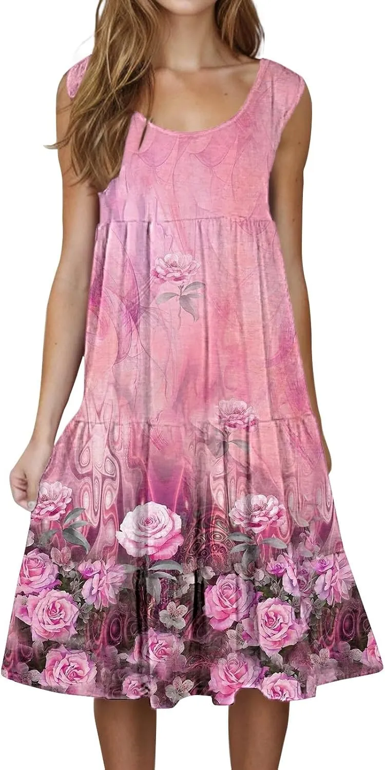Women's Boho Flowy Short Sleeve Beach Dress Casual Sundresses Sexy Sleeveless Dress Flowy Midi Vacation Swim Cover