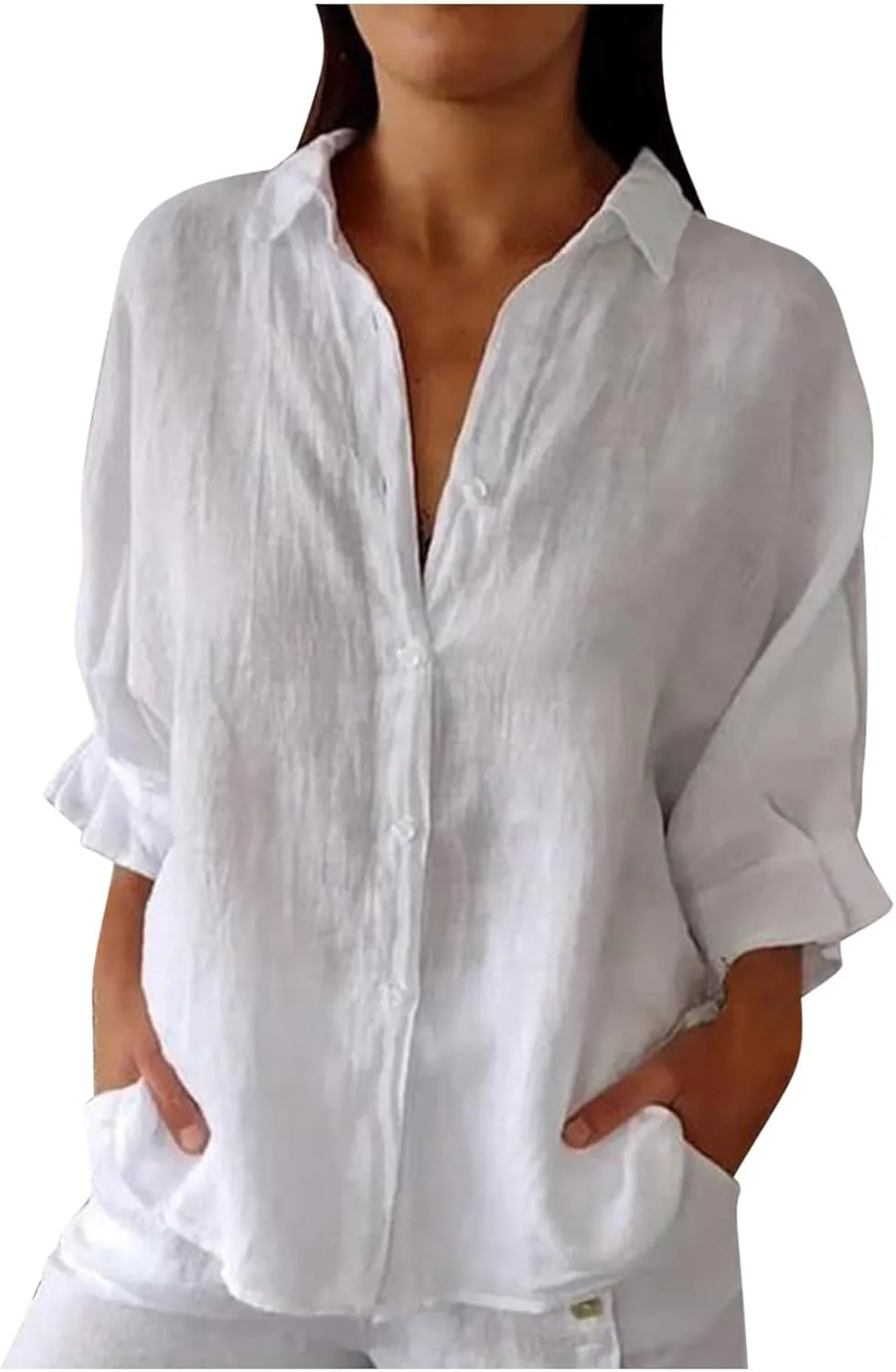Womens Button Down Shirt Cotton Linen Lapel Tops Spring Summer Going Out Blouse 2025 Dressy Casual Loose Fit T Shirt