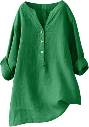 Women's Button Down Shirt V Neck Long Sleeve Cotton Linen Summer Casual Plus Size Blouses Top Loose Fit Tunics