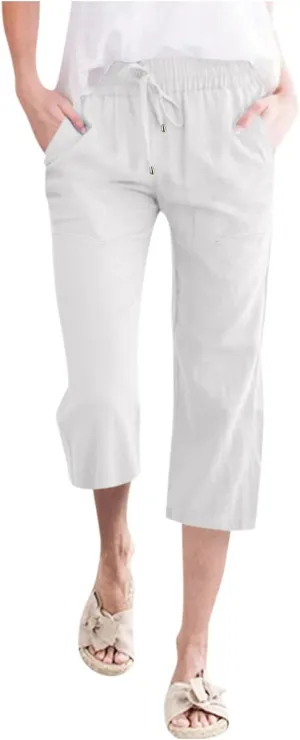Womens Capris Summer Cotton Linen Pants Casual 2025 Trendy Elastic Waisted Cropped Trousers Beach Pants