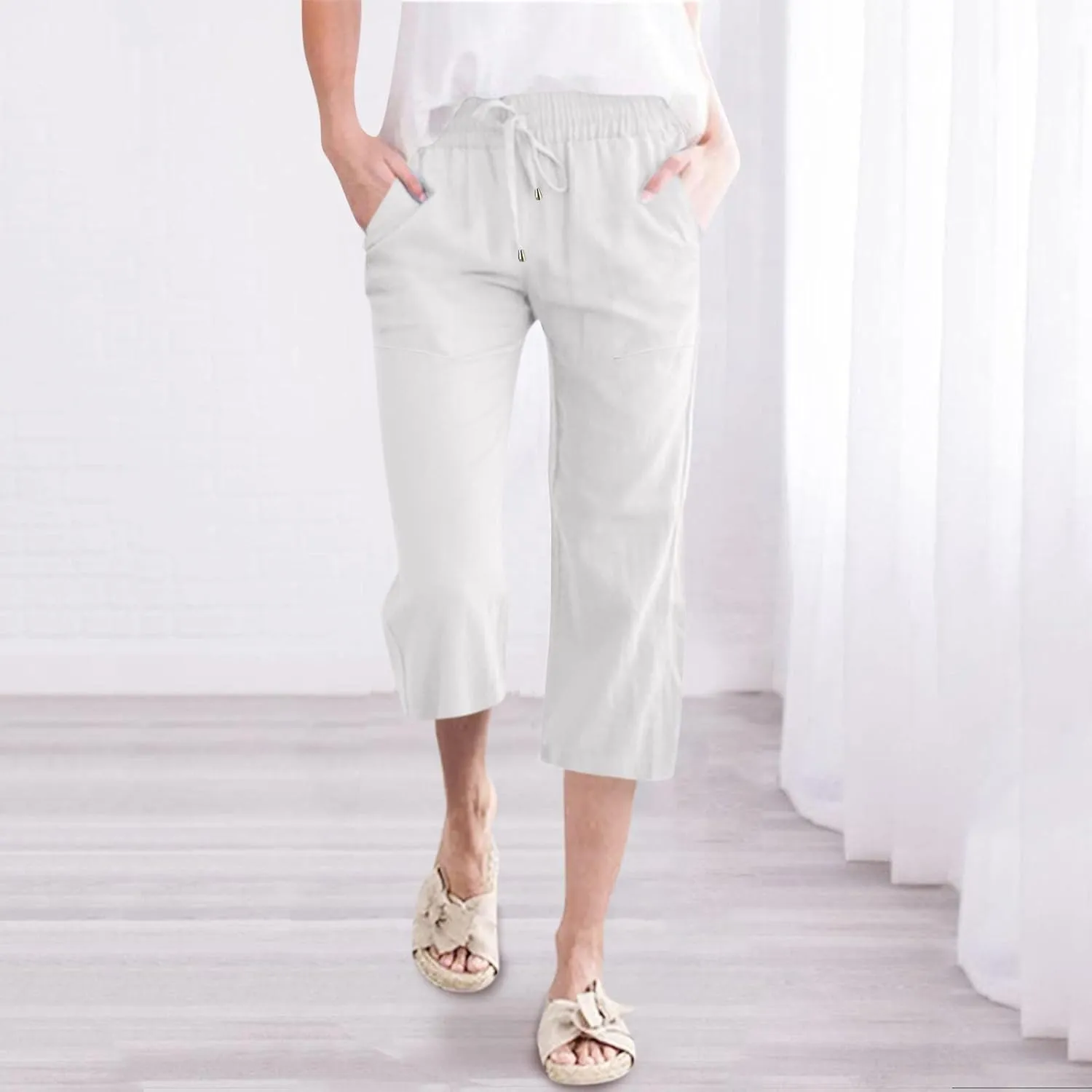 Womens Capris Summer Cotton Linen Pants Casual 2025 Trendy Elastic Waisted Cropped Trousers Beach Pants