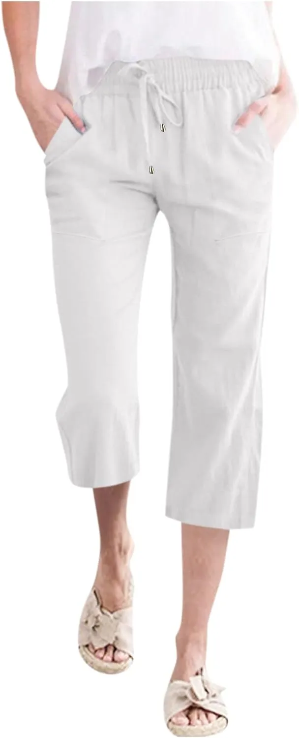 Womens Capris Summer Cotton Linen Pants Casual 2025 Trendy Elastic Waisted Cropped Trousers Beach Pants