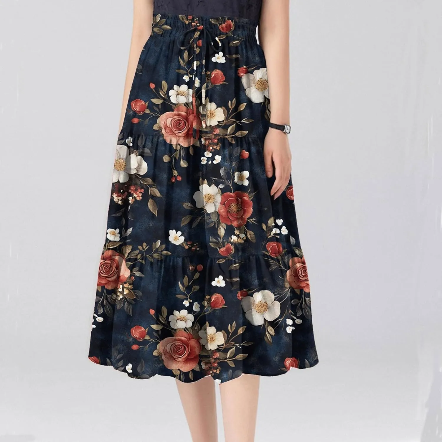 Women's Casual Beach Skirt Floral Elastic High Waist Pleated A-Line Flared Midi Skirts, S-XL