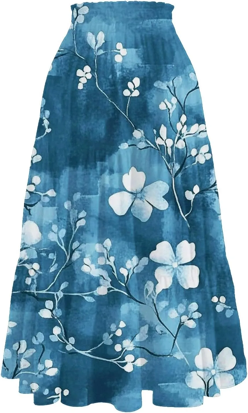 Women's Casual Beach Skirt Floral Elastic High Waist Pleated A-Line Flared Midi Skirts, S-XL