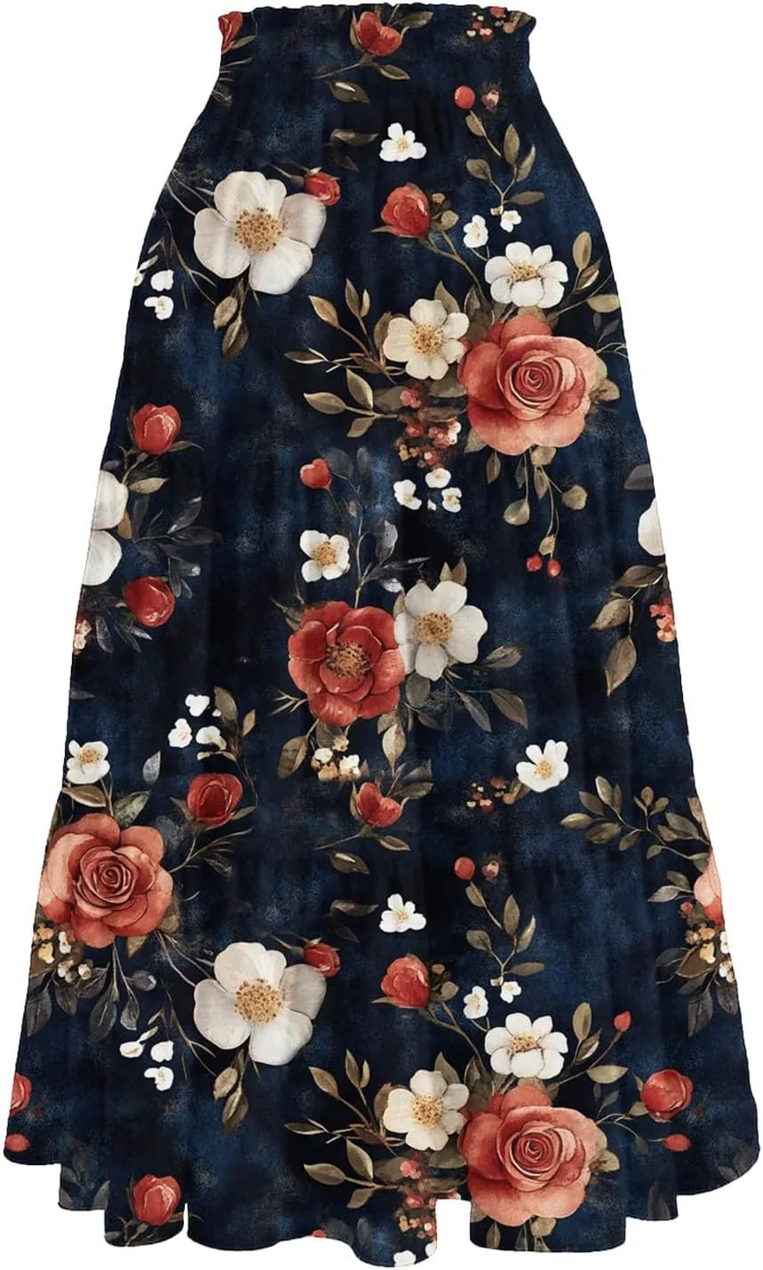 Women's Casual Beach Skirt Floral Elastic High Waist Pleated A-Line Flared Midi Skirts, S-XL