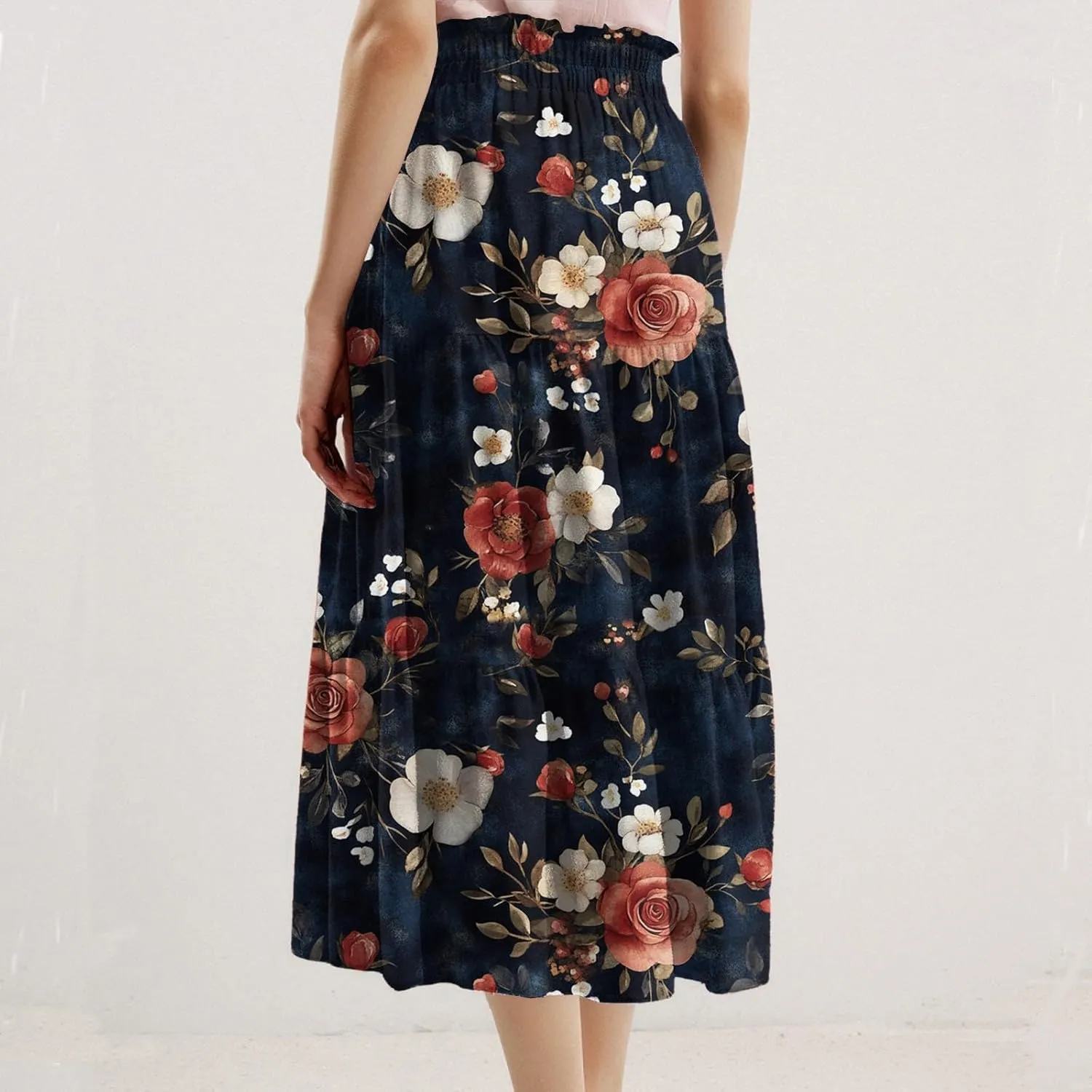 Women's Casual Beach Skirt Floral Elastic High Waist Pleated A-Line Flared Midi Skirts, S-XL