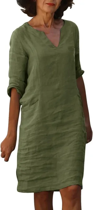 Womens Casual Cotton Linen Midi Shirt Dress Summer Beach Half Sleeve V Neck Shift Dress Knee Length Sundresses 1