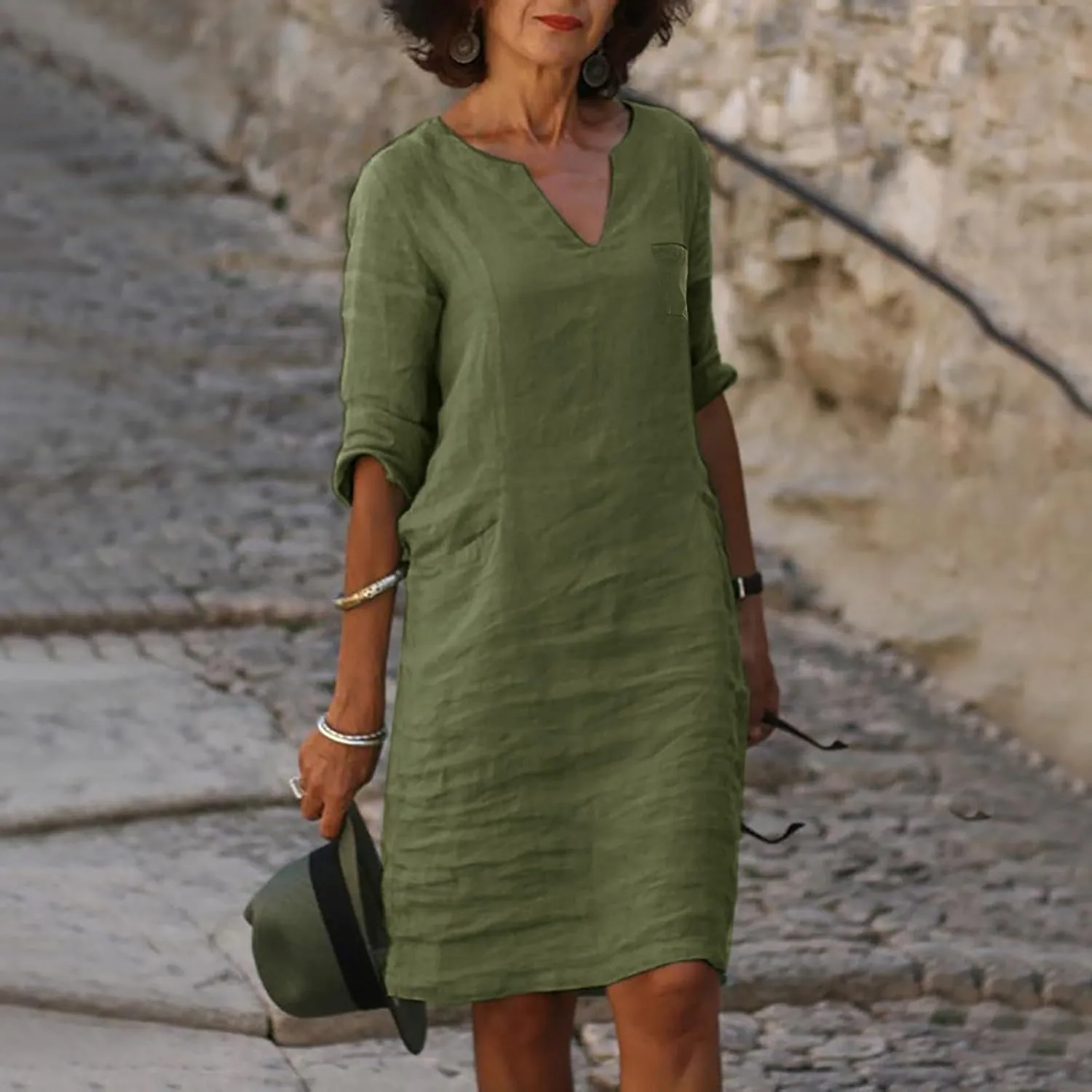 Womens Casual Cotton Linen Midi Shirt Dress Summer Beach Half Sleeve V Neck Shift Dress Knee Length Sundresses 1