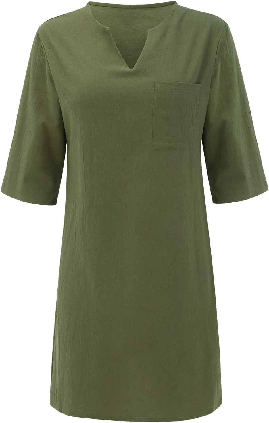 Womens Casual Cotton Linen Midi Shirt Dress Summer Beach Half Sleeve V Neck Shift Dress Knee Length Sundresses 1