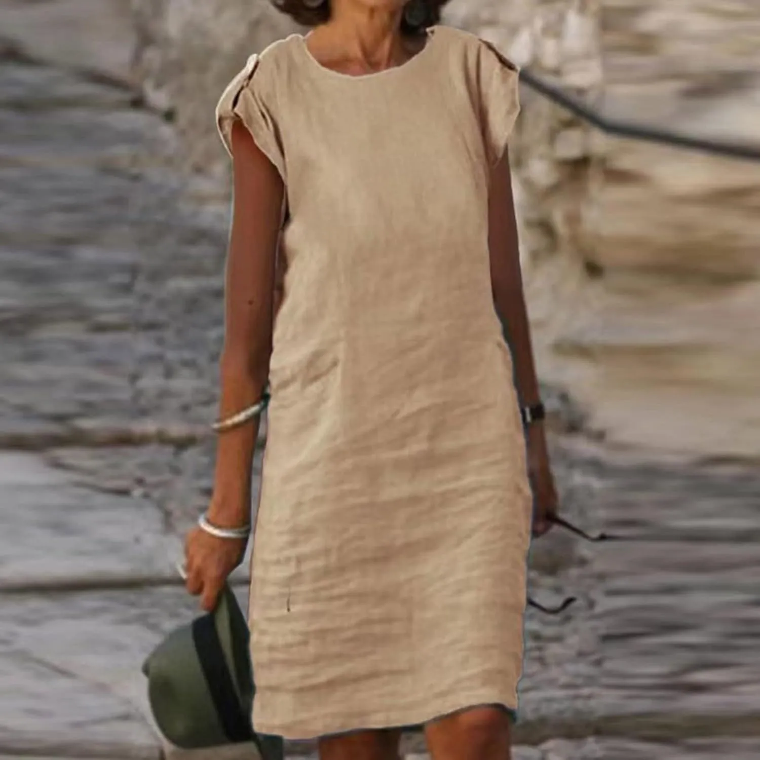 Womens Casual Crew Neck Sleeveless Sleeve Cotton Linen T Shirt Mini Dress Work Elegant Vacation Travel Beach Dresses