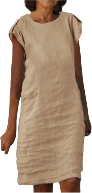 Womens Casual Crew Neck Sleeveless Sleeve Cotton Linen T Shirt Mini Dress Work Elegant Vacation Travel Beach Dresses