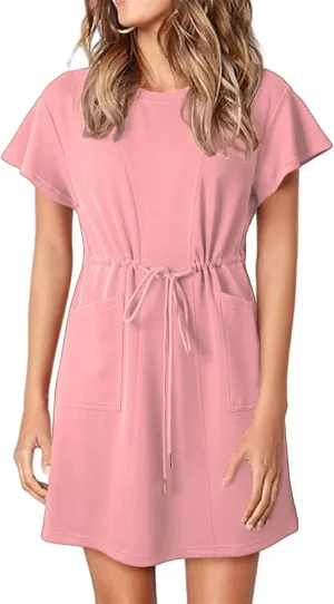 Womens Casual Dress Crewneck Ruffle Short Sleeve Drawstring A Line Mini Dress Summer Flowy Beach Dresses with Pockets