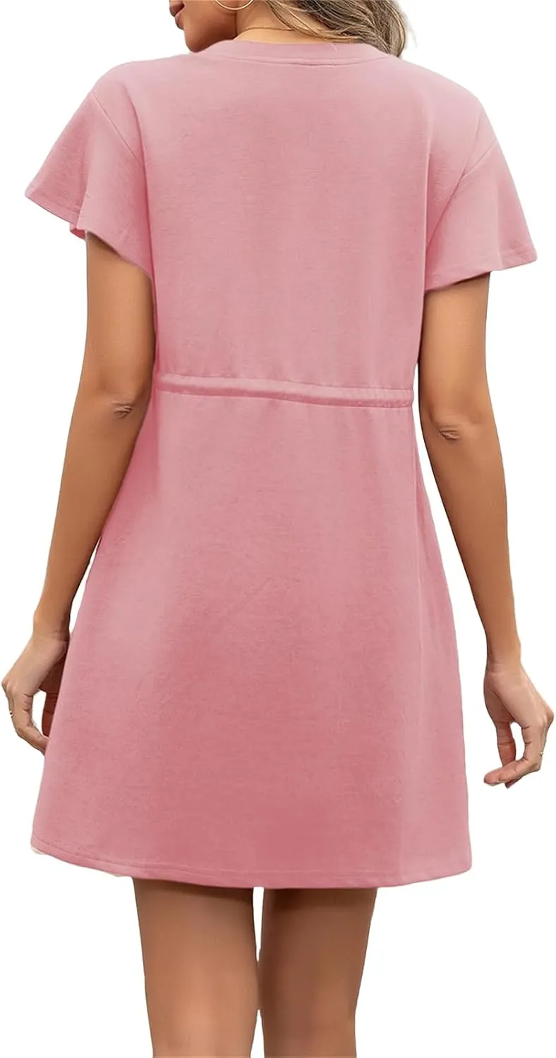 Womens Casual Dress Crewneck Ruffle Short Sleeve Drawstring A Line Mini Dress Summer Flowy Beach Dresses with Pockets