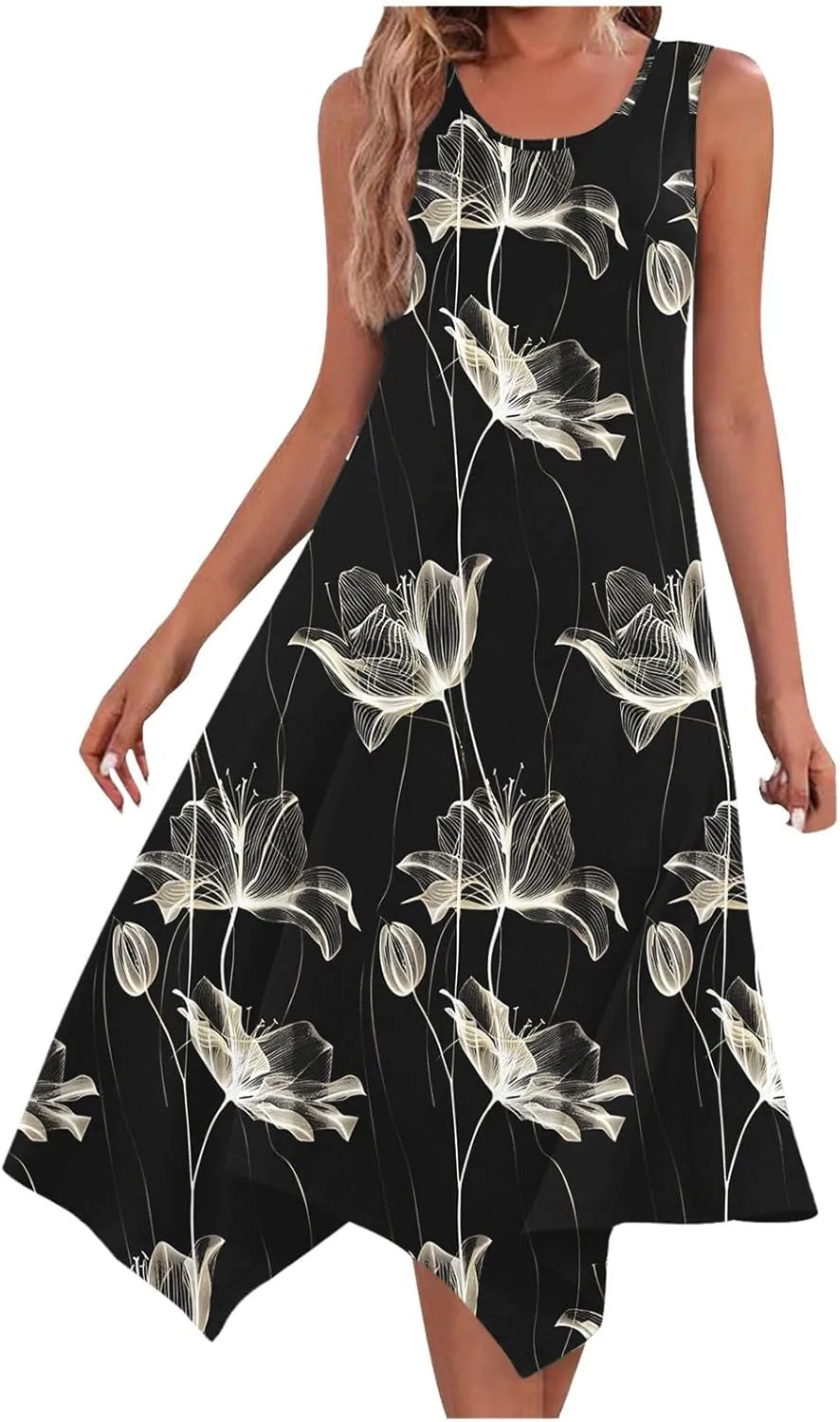 Women's Casual Dresses 2025 Summer Sleeveless Midi Sundress Flowy Ruffle Hem Swing Long Dress Beach Vacation