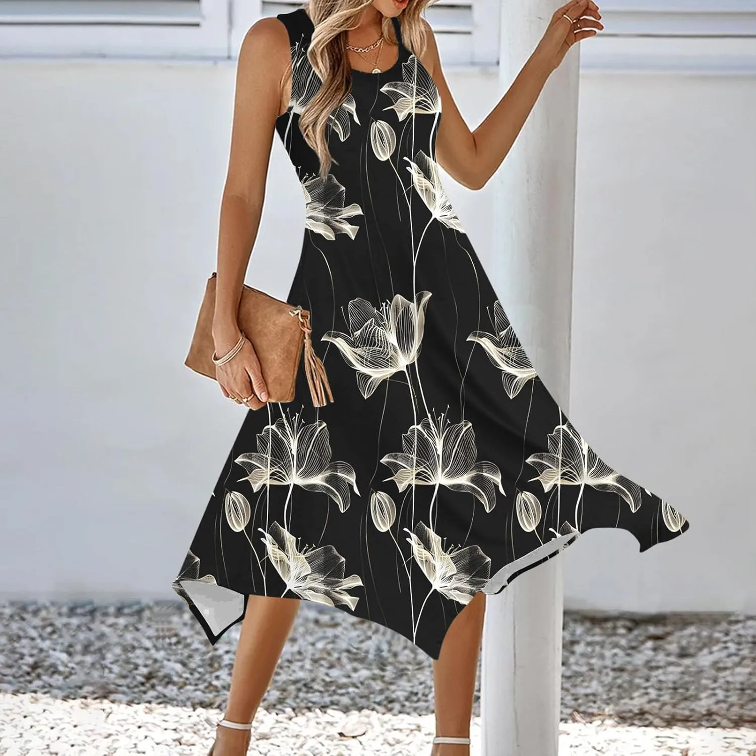 Women's Casual Dresses 2025 Summer Sleeveless Midi Sundress Flowy Ruffle Hem Swing Long Dress Beach Vacation