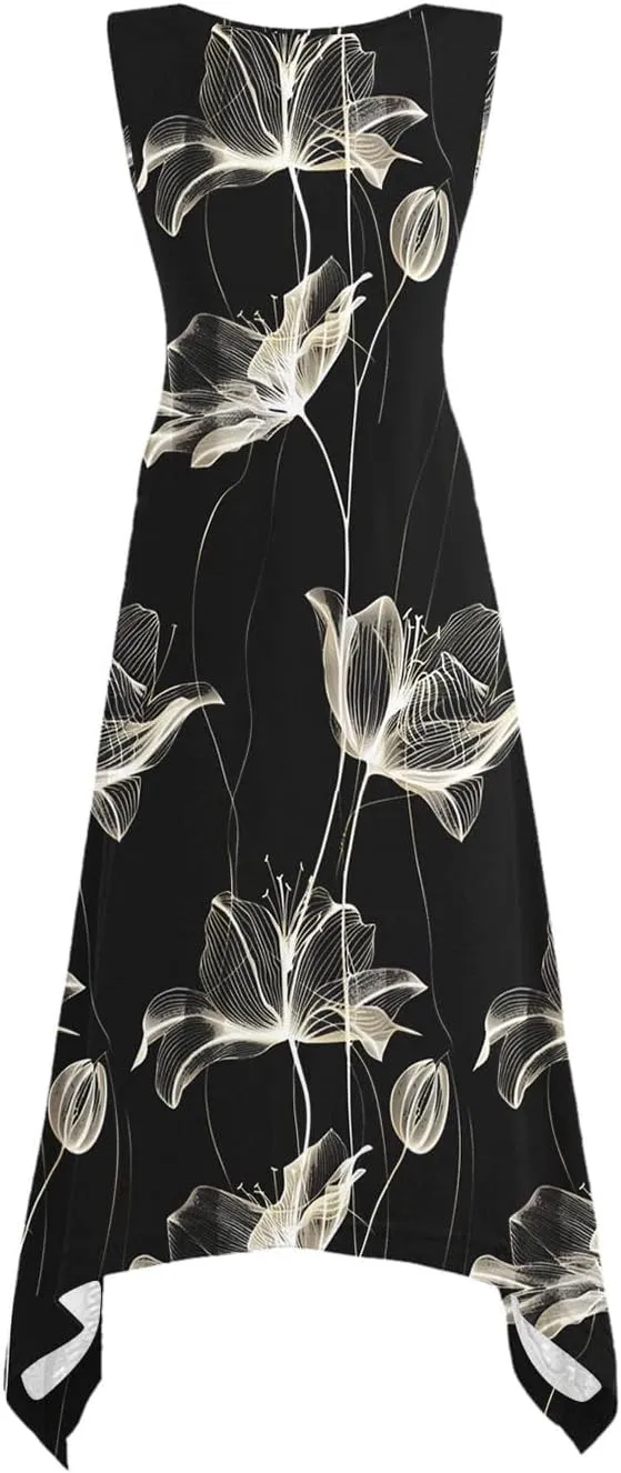 Women's Casual Dresses 2025 Summer Sleeveless Midi Sundress Flowy Ruffle Hem Swing Long Dress Beach Vacation