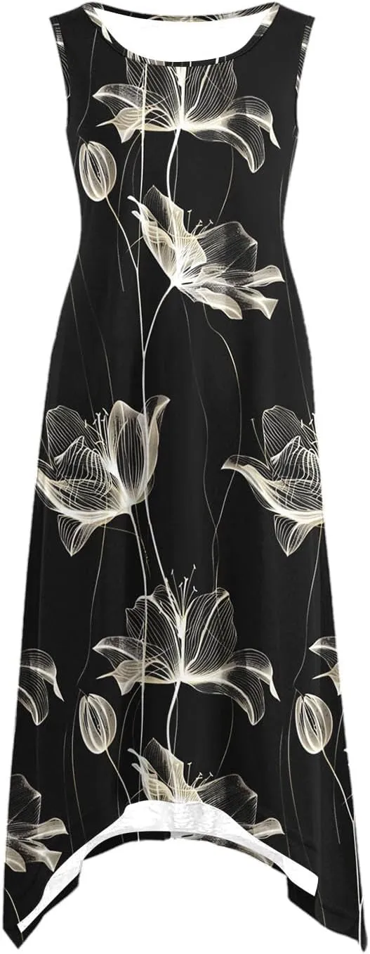 Women's Casual Dresses 2025 Summer Sleeveless Midi Sundress Flowy Ruffle Hem Swing Long Dress Beach Vacation