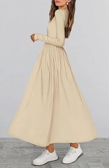 Women's Casual Fashion Waist Long Sleeve Bohemian Dress Flowy Beach Midi Dresses Party Wedding Guest Flowy Dress