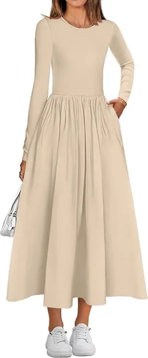 Women's Casual Fashion Waist Long Sleeve Bohemian Dress Flowy Beach Midi Dresses Party Wedding Guest Flowy Dress