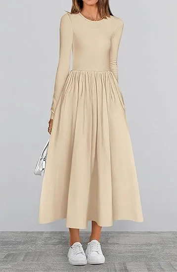 Women's Casual Fashion Waist Long Sleeve Bohemian Dress Flowy Beach Midi Dresses Party Wedding Guest Flowy Dress