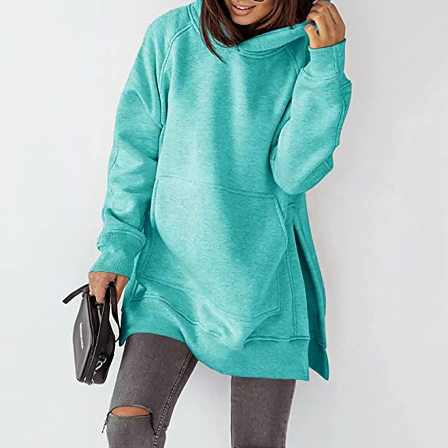Women's Casual Long Hoodies Oversized Thick Fleece Solid Color Hooded Sweatshirt Pullover Side Split High Low Hem Tops