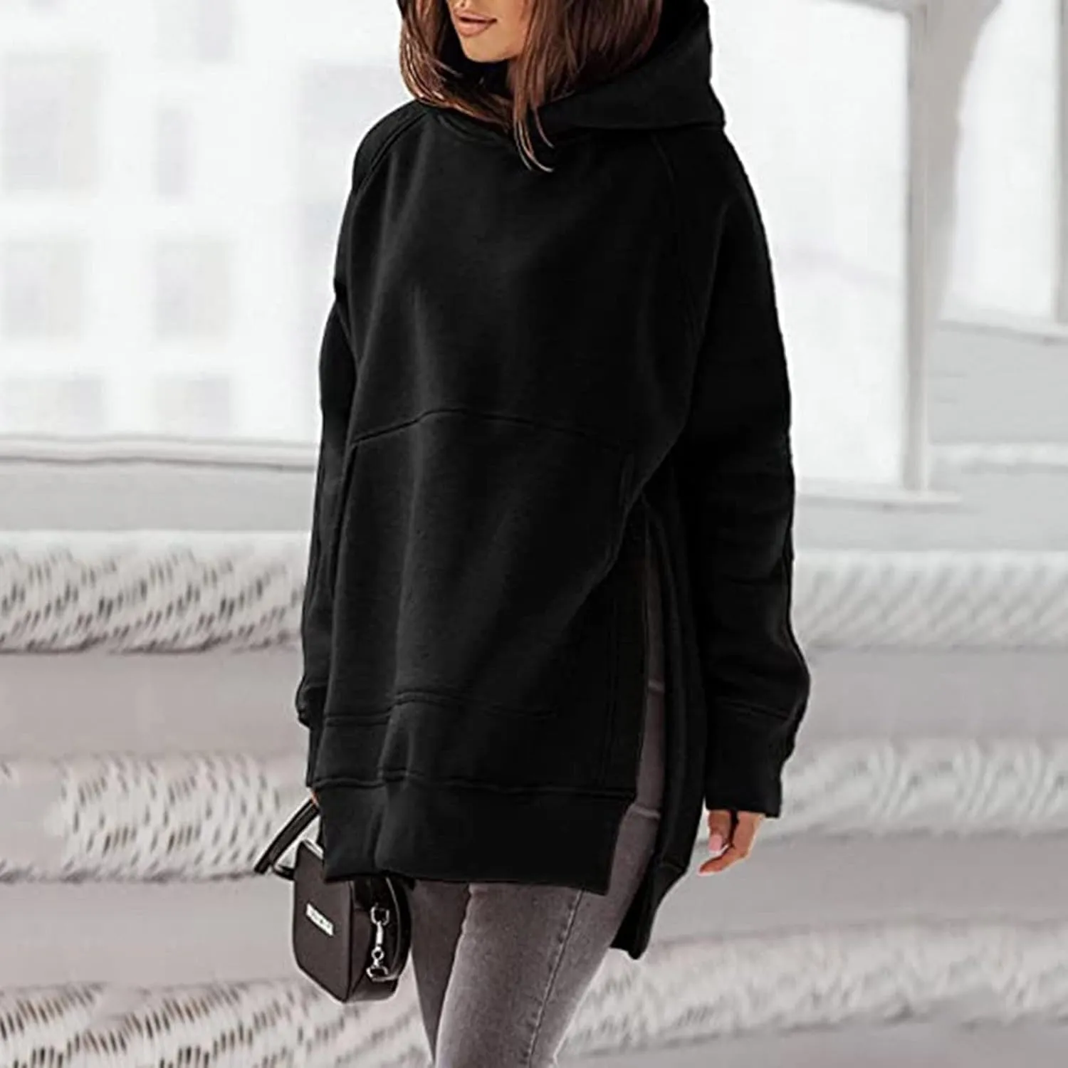 Women's Casual Long Hoodies Oversized Thick Fleece Solid Color Hooded Sweatshirt Pullover Side Split High Low Hem Tops