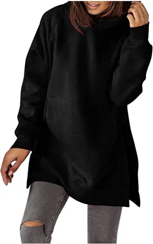 Women's Casual Long Hoodies Oversized Thick Fleece Solid Color Hooded Sweatshirt Pullover Side Split High Low Hem Tops