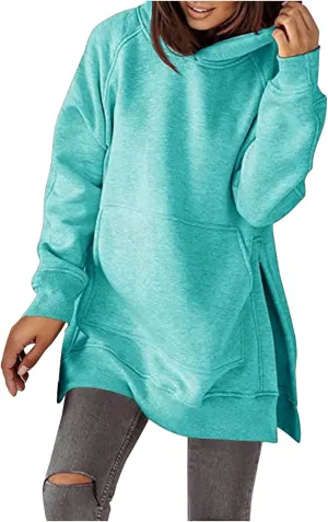 Women's Casual Long Hoodies Oversized Thick Fleece Solid Color Hooded Sweatshirt Pullover Side Split High Low Hem Tops