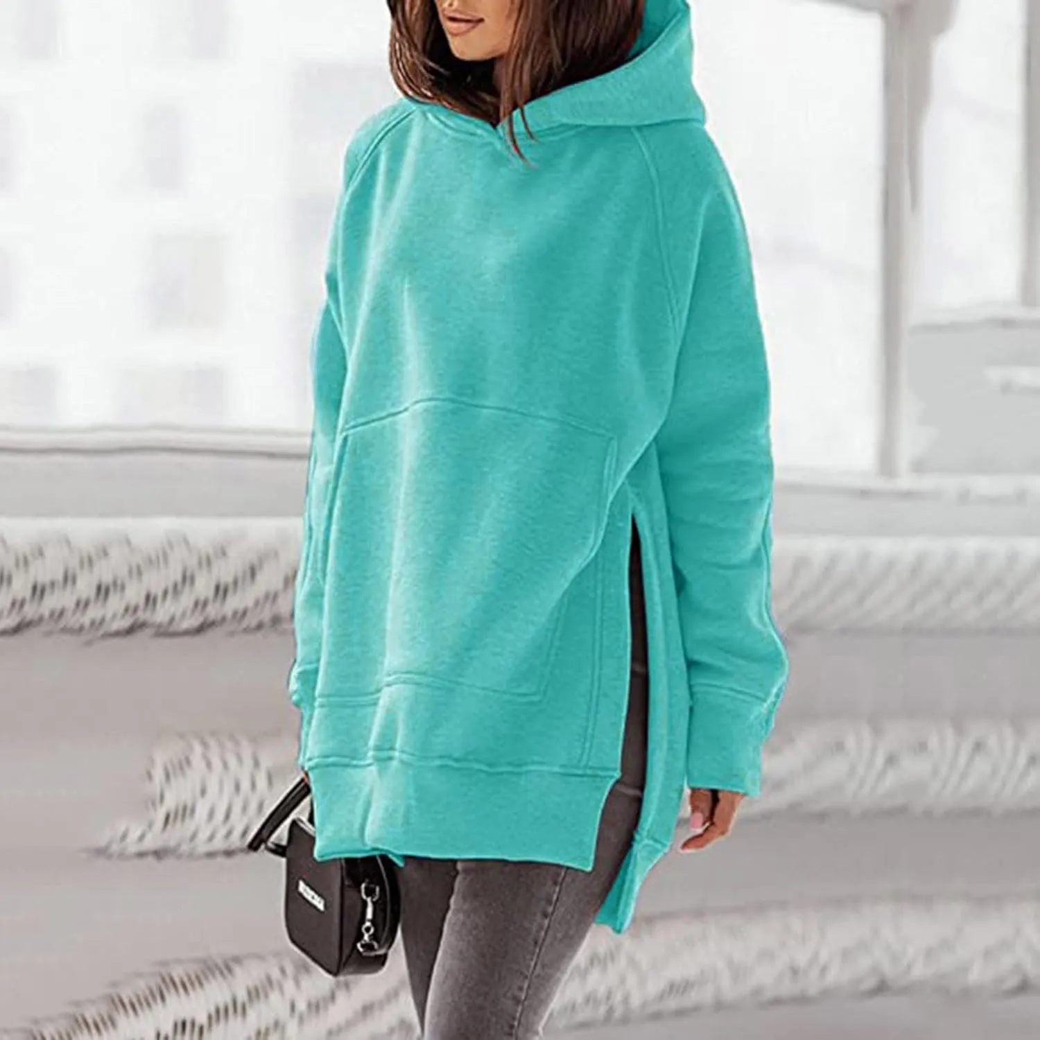 Women's Casual Long Hoodies Oversized Thick Fleece Solid Color Hooded Sweatshirt Pullover Side Split High Low Hem Tops