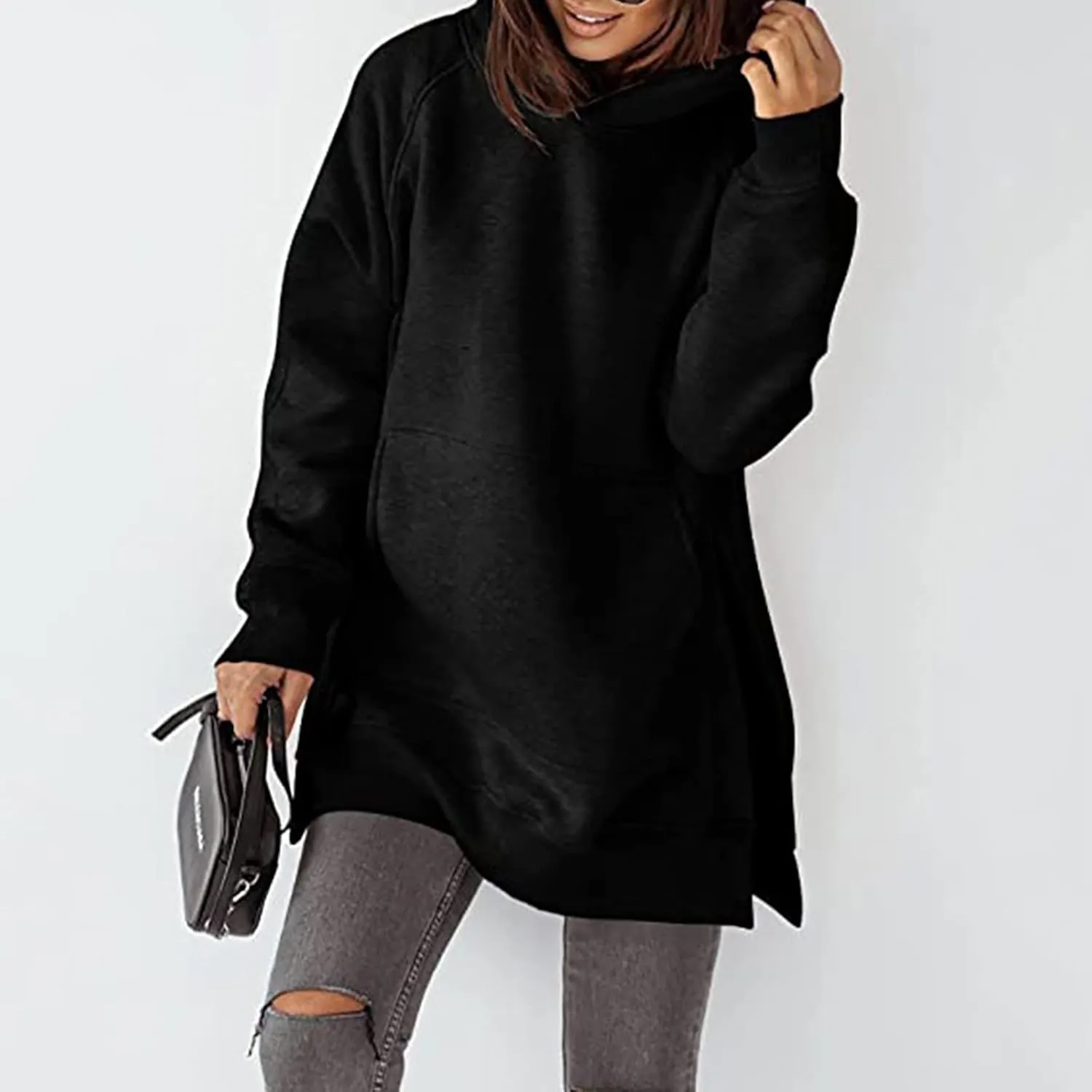 Women's Casual Long Hoodies Oversized Thick Fleece Solid Color Hooded Sweatshirt Pullover Side Split High Low Hem Tops